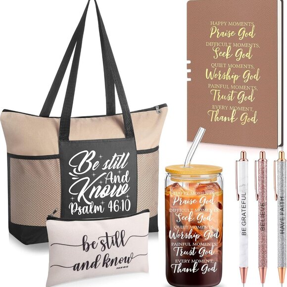 Christian Gift Set Women Bible Verse Tote Glass Notebook Pen Xmas Inspiring